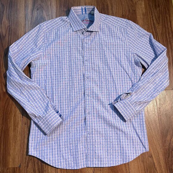 Robert Graham Modern Americana Tailored Button Up Shirt Plaid Blue Cotton Mens M - Picture 1 of 5
